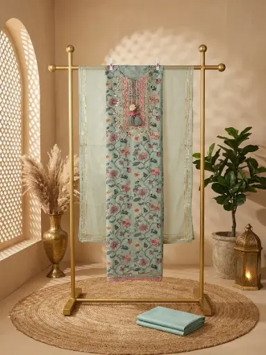 [68106001ZH0696] Sea Green Printed Unstitched Suit with Embroidered Neckline