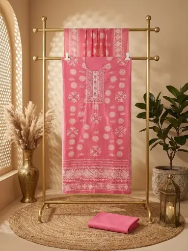 [69306001FQ84E0] Pink Batik Print Embroidered Cotton Unstitched Dress Material