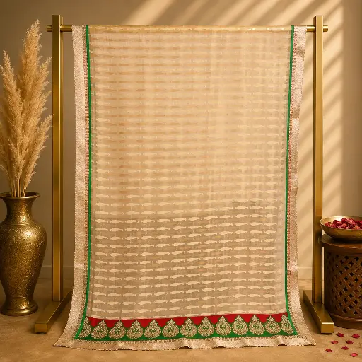 [00110001N21802] Ivory Printed Saree with Green Red Embroidered Border
