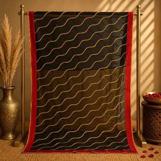 [00116001N88902] Black Sheer Saree with Golden Wavy Stripes, Bold Red Border