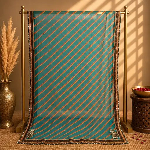 [00111001W28902] Teal Blue Saree with Golden Diagonal Pattern and Floral Border