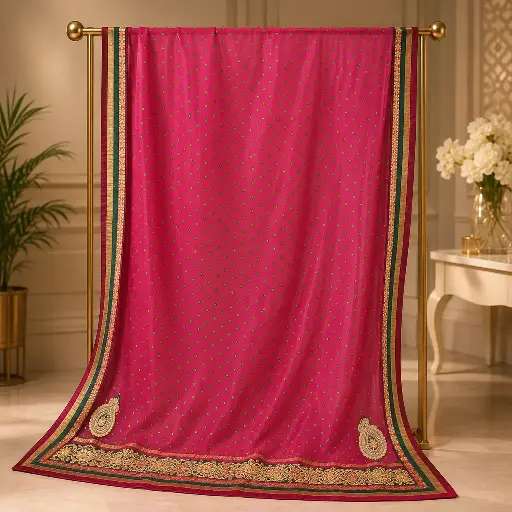 [00111001Z03602] Magenta Bandhani-Inspired Saree with Green Dot Motifs and Ornate Embroidered Border