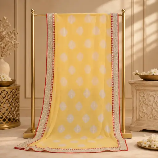 [00111001K68801] Yellow Bandhani Dupatta with White Diamond Motifs, Silver Embellished Border