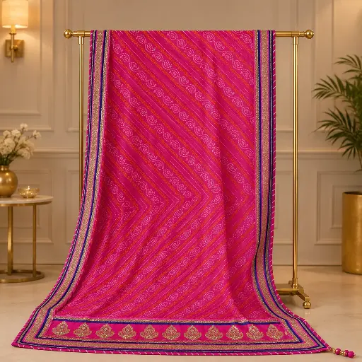[00111001M16102] Pink Bandhani Saree with Paisley Motifs and Golden Embroidered Border