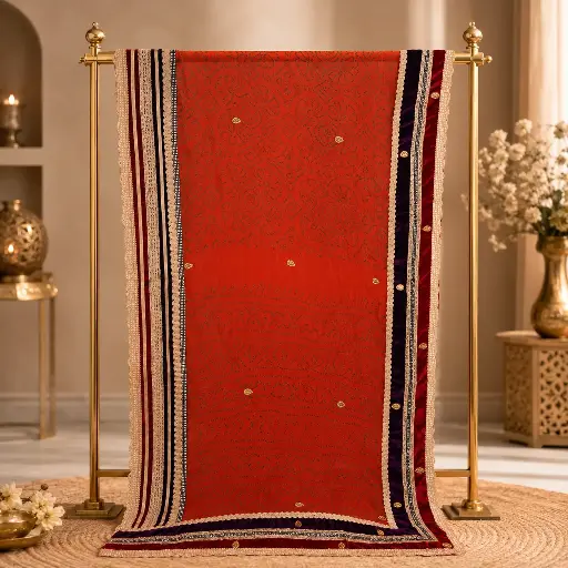[00111001Q29902] Women's Red Orange Bandhani Style Saree with Contrast Striped Border