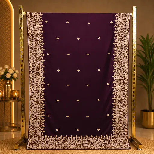 [70313001GD60E0] Women's Plum Purple Designer Saree with Gold Embroidered Border and Buti Work