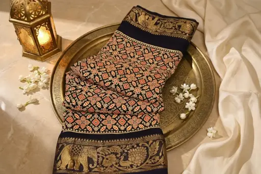 [83112001GL97C9] Midnight Navy Silk Saree with Banarasi Zari Border