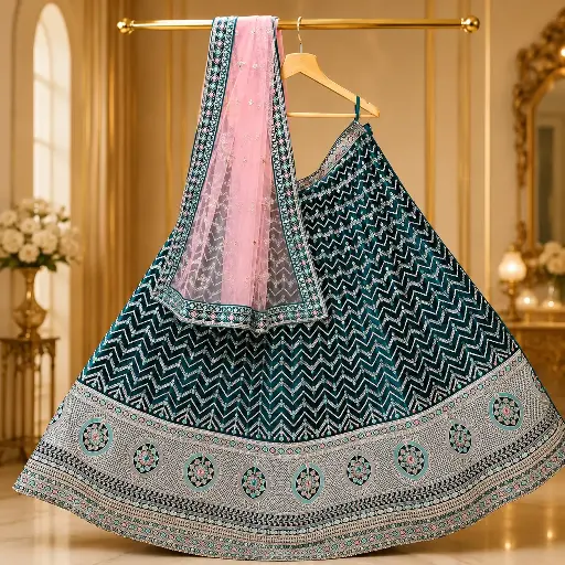 [66118001ZT64A7] Women's Teal Green Lehenga Choli with Silver Zigzag Embroidery and Pink Dupatta
