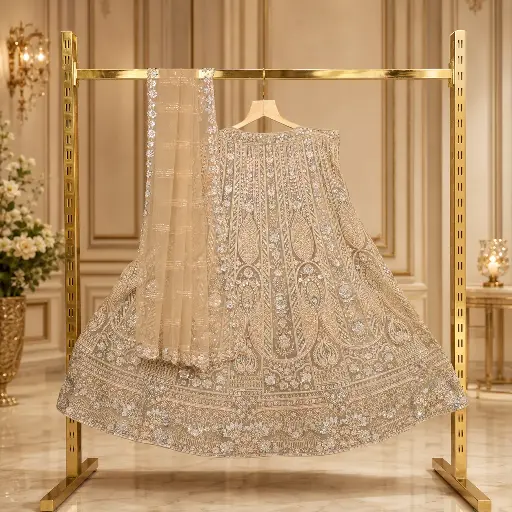 [66142001ZK43E2] Women's Champagne Beige Lehenga Choli with Paisley Embroidery and Matching Dupatta