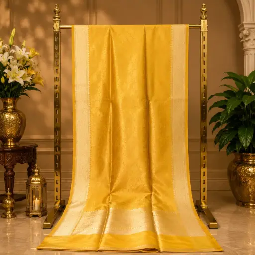 [74809001HJ59B7] Women's Mustard Yellow Woven Silk Saree with Floral Jacquard Design and Rich Golden Zari Border Work 