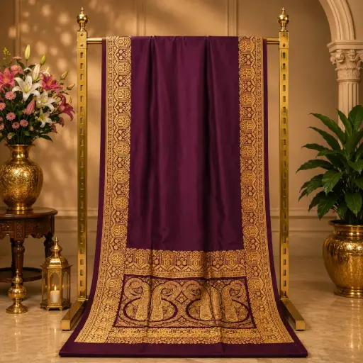 [74809041JU89A5] Women's Wine Purple Saree with Golden Woven Border and Elephant Motif Pallu