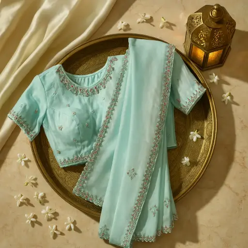 [79817002HL05B7] Elegant Mint Green Designer Saree With Intricate Mirror Embroidery