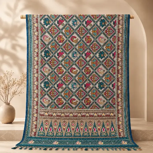 [75209001EF37E7] Grey Patola Saree with Animal Bird Motifs and Teal Border