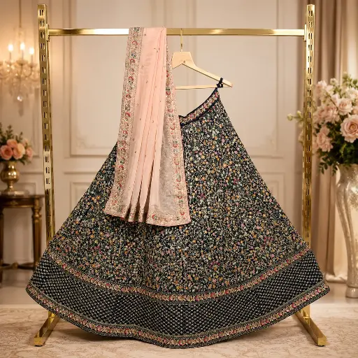 [79718001HH19B7] Midnight Blue Floral Embroidered Lehenga Choli with Peach Dupatta