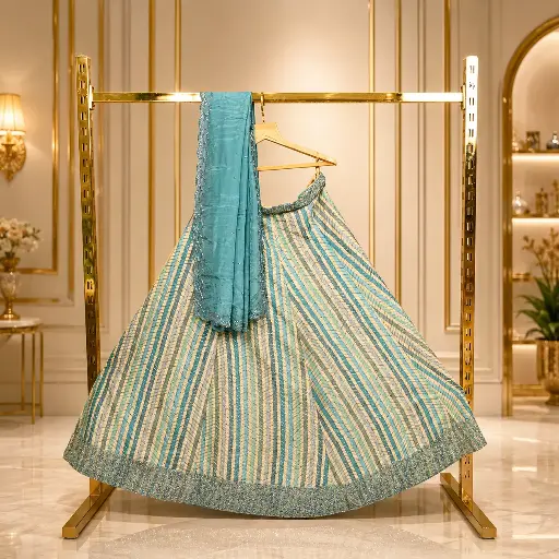 [79718033HB34B7] Women's Aqua Blue Striped Lehenga Choli with Sequin Work and Matching Dupatta