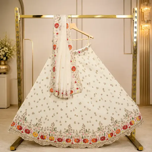[79718064HB41B7] Women's Ivory Lehenga Choli with Multicolour Floral Embroidery and Matching Dupatta