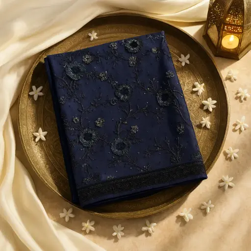 [79717001HB76B7] Elegant Navy Blue Net Designer Saree with Exquisite Embroidery 