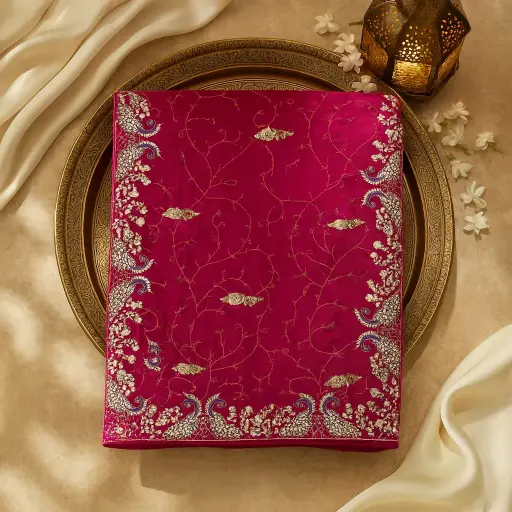 [79713001HA50B7] Exquisite Fuchsia Silk Saree with Intricate Peacock Embroidery