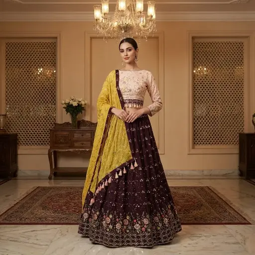 [55518001JF44A1] Wine Purple Georgette Embroidered Lehenga Choli with Yellow Dupatta