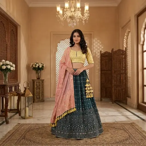 [55518001ZR95A1] Teal Blue and Pastel Yellow Embroidered Silk Lehenga Set