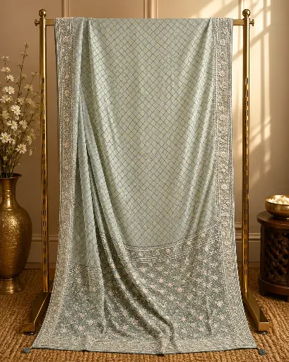 [73917001EC30E3] Sage Green Embroidered Saree with Sequin Border and Tassels