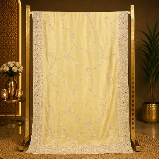 [73913001EE83E3] Pastel Yellow Saree with Floral Vine Embroidery and Multicolor Stone Border