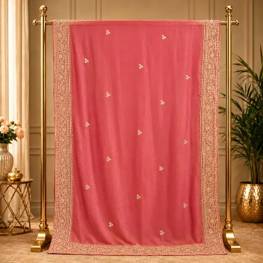 [73913001EC42E3] Women's Coral Pink Designer Saree with Embroidered Border