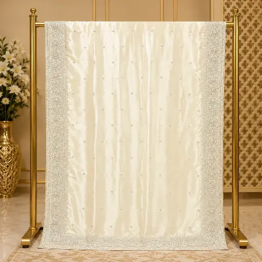 [73913001EE79E3] Elegant Ivory Saree with Silver Embroidery and Sequin Border