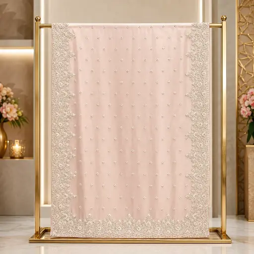[73913001EE93E3] Women's Blush Pink Saree with Floral Embroidery and Ornate Border