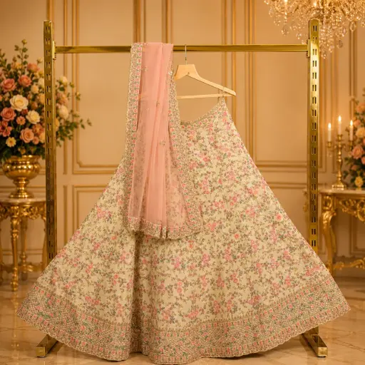 [20218065JP82A4] Women's Ivory Floral Embroidered Lehenga Choli with Sequins and Blush Pink Net Dupatta for Weddings