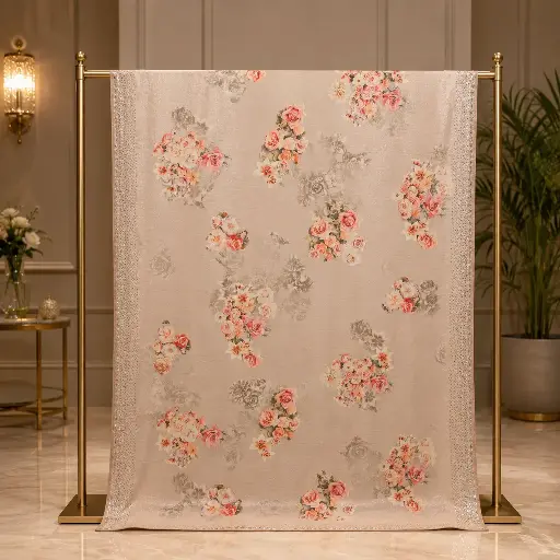 [20217001KU5697] Blush Beige Floral Saree with Rose Bouquet Print and Sparkling Border