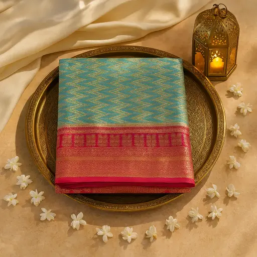 [20217001ZH03A8] Teal and Magenta Chevron Silk Saree with Zari Border