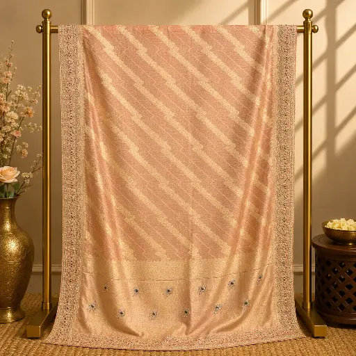 [20217001ZH40A8] Peach Gold Woven Saree with Chevron Motifs and Embellished Border