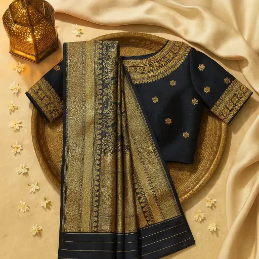 [20217040JP22A4] Elegant Black Designer Saree with Traditional Gold Zari Border