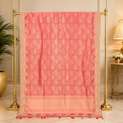 [20213001EC59E3] Women's Rani Pink Designer Saree with Floral Weave, Scalloped Border