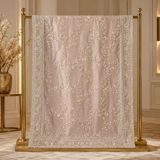 [20213001EC73E3] Blush Pink Embroidered Saree with Floral Vine Work and Ornate Designer Border