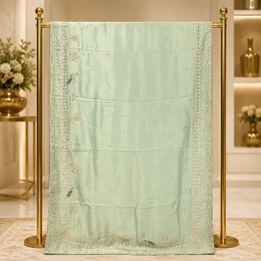 [20213025EC79E3] Women's Mint Green Saree with Peacock Embroidery and Beaded Designer Border