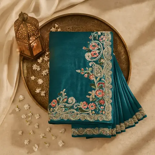 [20213048HC84B7] Exquisite Rama Green Embroidered Designer Saree with Scalloped Border