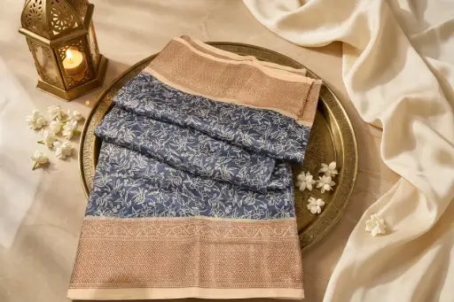 [73717001JP60A4] Indigo Blue Printed Chanderi Saree with Woven Zari Border