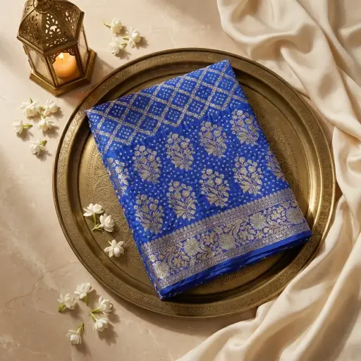 [86312001GM55C9] Royal Blue Banarasi Bandhani Georgette Silk Saree