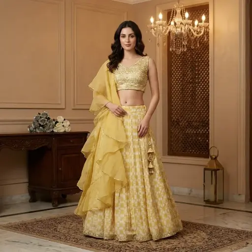[35018037II94A8] Sunshine Yellow Geometric Embellished Lehenga Set with Ruffled Dupatta