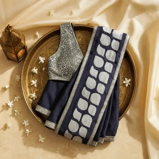 [35017021FP66E0] Elegant Navy Blue Saree with White Geometric Border Embellishments