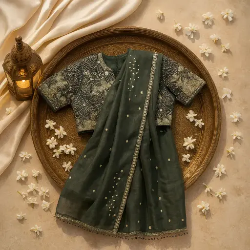 [35017025FP78E0] Elegant Dark Green Designer Organza Saree With Embellished Blouse