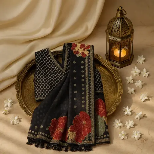 [35017040FP86E0] Elegant Black Designer Saree with Floral Embroidery and Embellishments