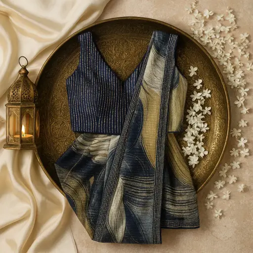 [35017042FP52E0] Luxury Designer Sequin Abstract Print Saree with Designer Blouse