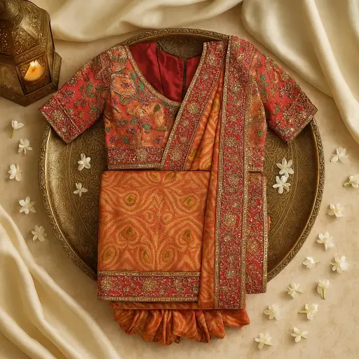[35017055FP72E0] Elegant Orange Ikat Print Saree with Mirror Work Border 