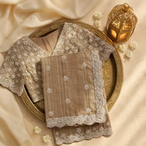 [35017069JS81A4] Elegant Embellished Taupe Designer Saree with Matching Embroidered Blouse