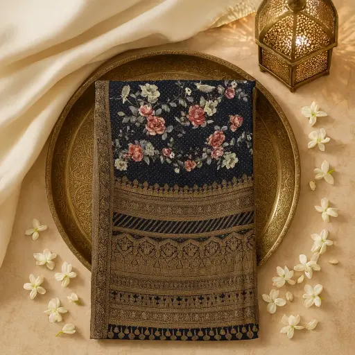 [35013040FP73E0] Elegant Black Designer Saree with Exquisite Floral Digital Print