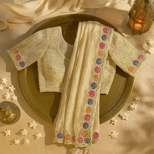 [35013065FP80E0] Elegant Beige Designer Saree with Multi-Colored Hexagon Border
