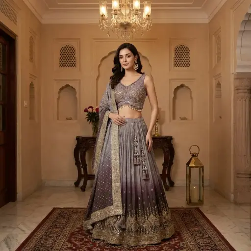 [81542041QE76C9] Ombre Mauve Purple Embroidered Crop Top Lehenga Set
